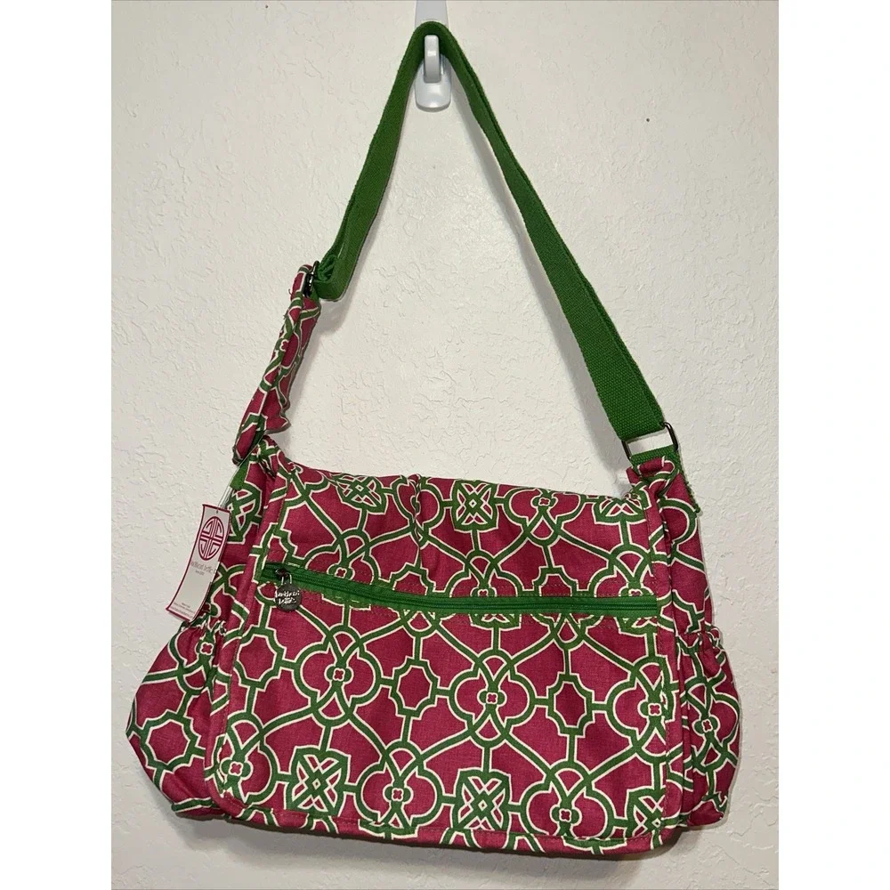 Buckhead Betties Pink Green Geometric Canvas Messenger Crossbody Bag NWT